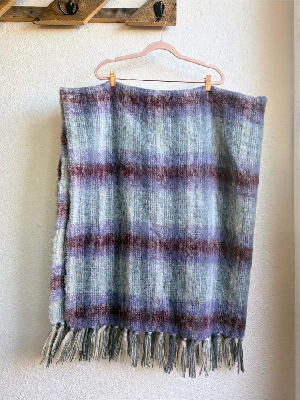 Vintage Donegal Design Purple and Blue Plaid Mohair Fringe Trim Throw Blanket